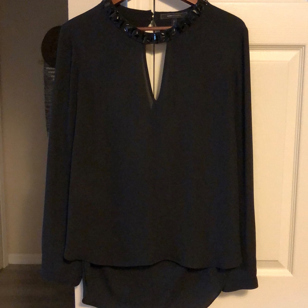 BCBG black open back blouse